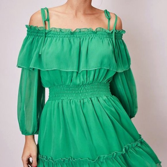 NEW Kelly Green Off Shoulder Ruffle Romantic Dress - Picture 5 of 10